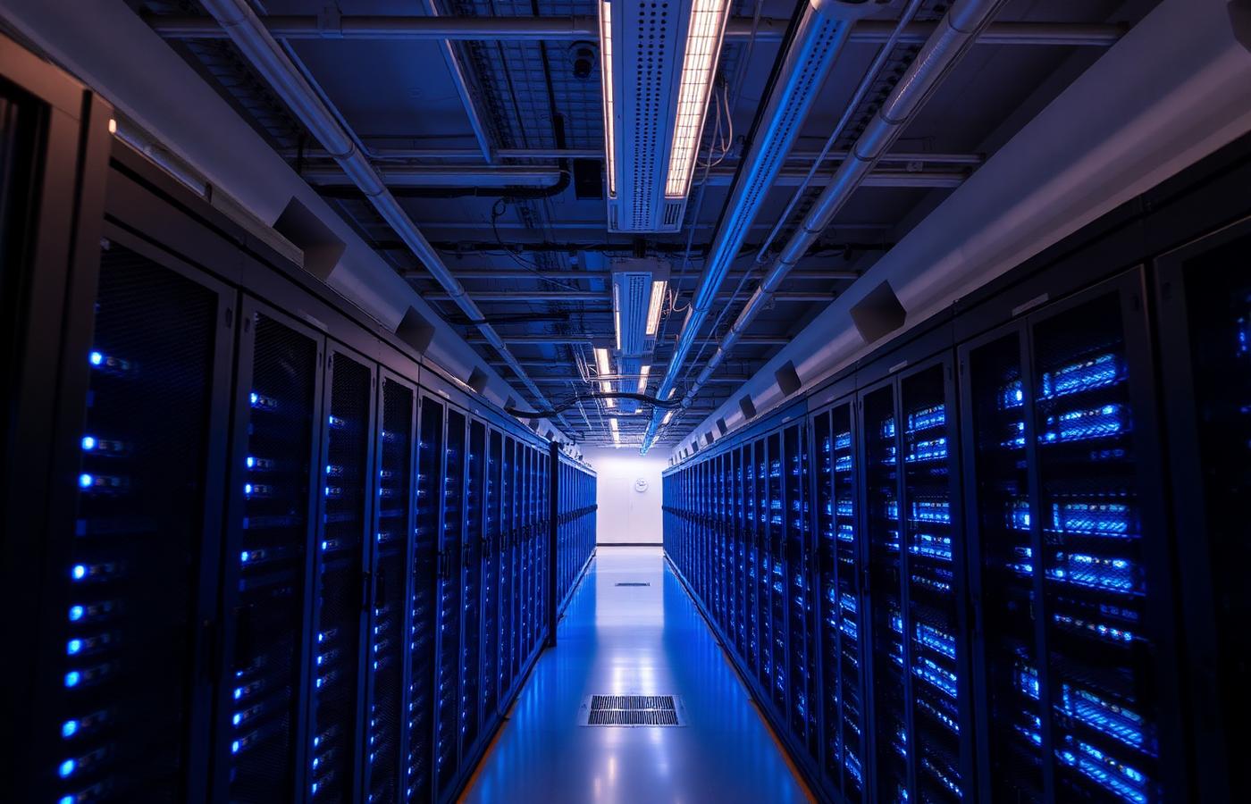 Illuminated server racks in a modern data centre