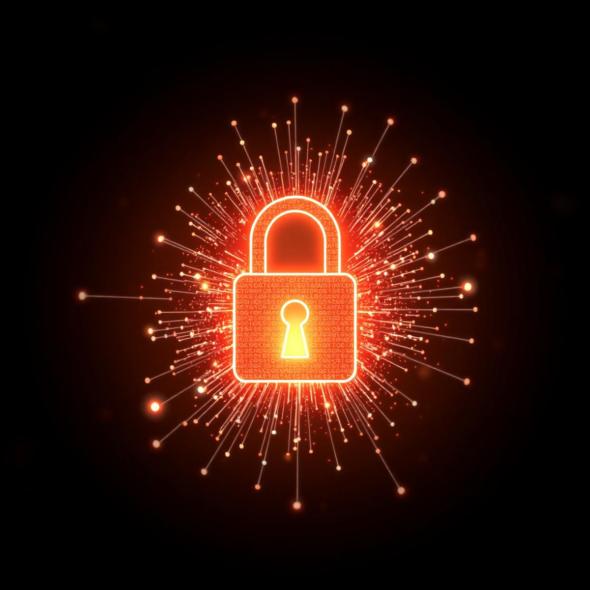 Padlock rendered as luminous particle streams on a dark background