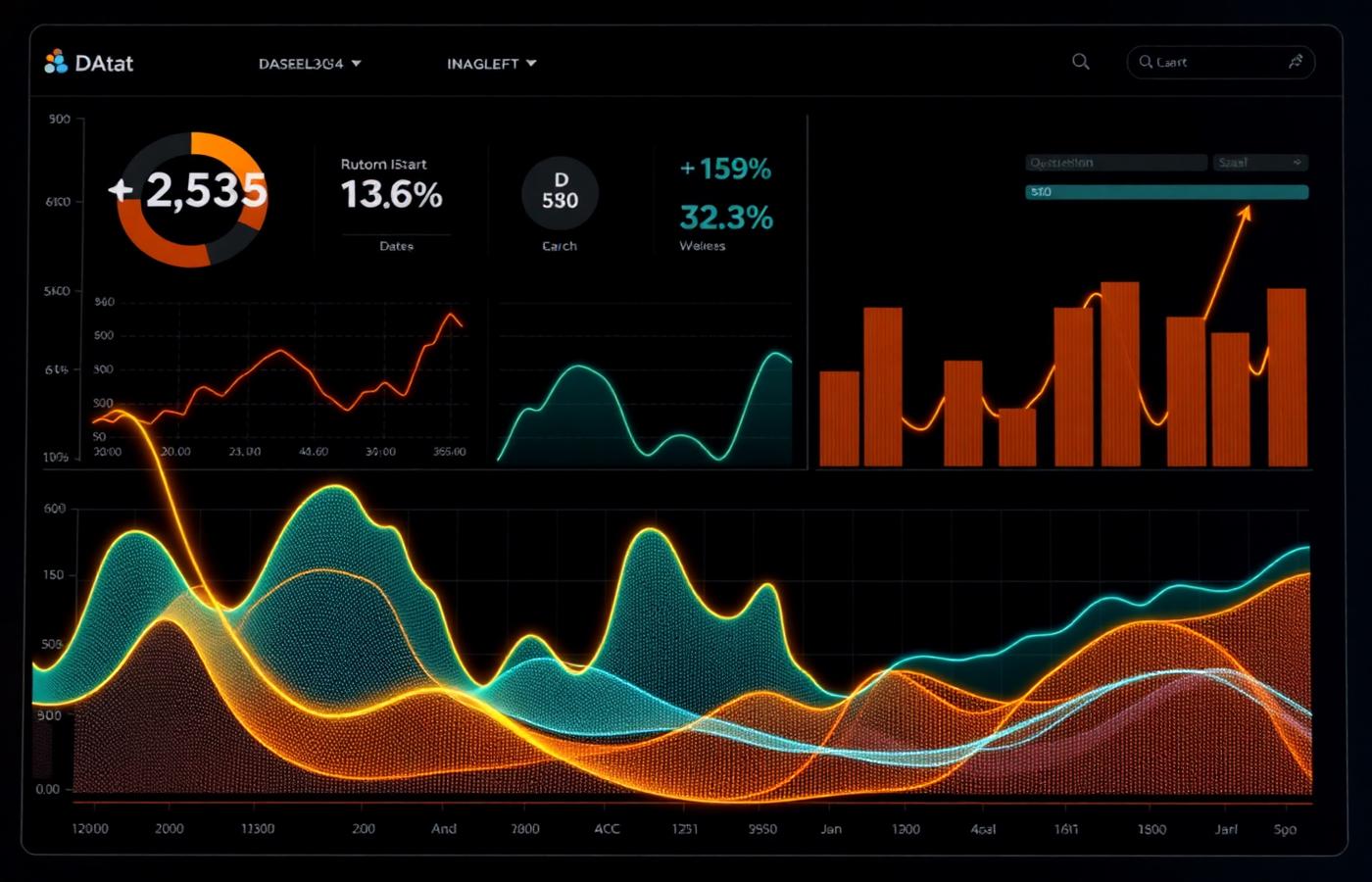 Analytics dashboard with amber and teal charts on a dark screen
