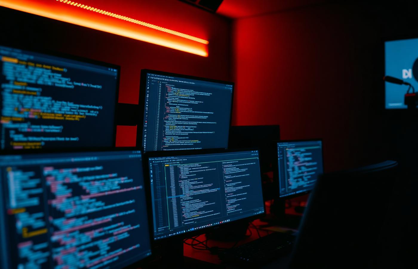 Developer workstation with source code across multiple monitors