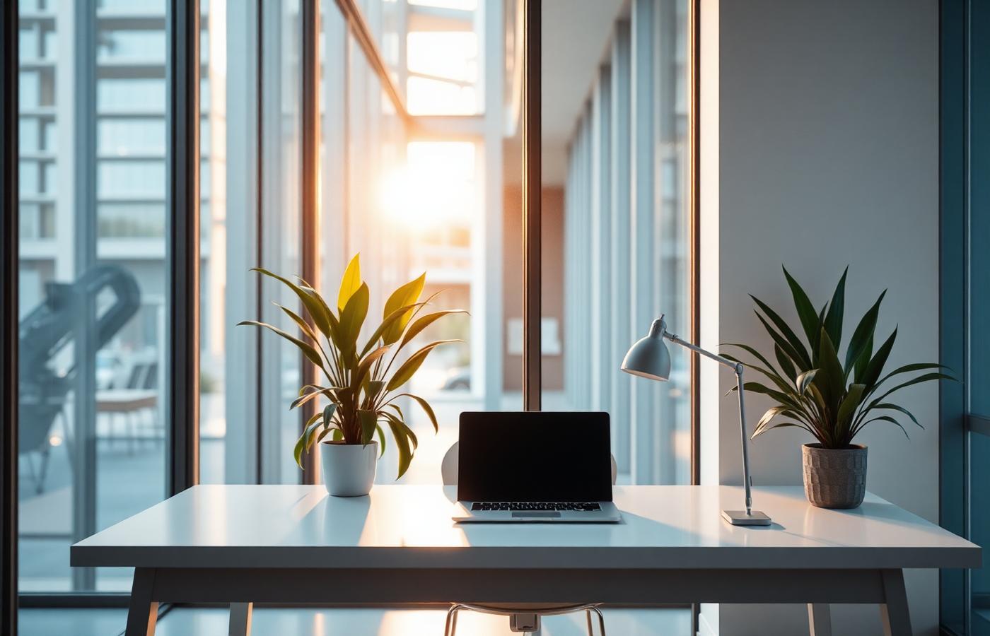 Minimalist workspace with a laptop by a bright window